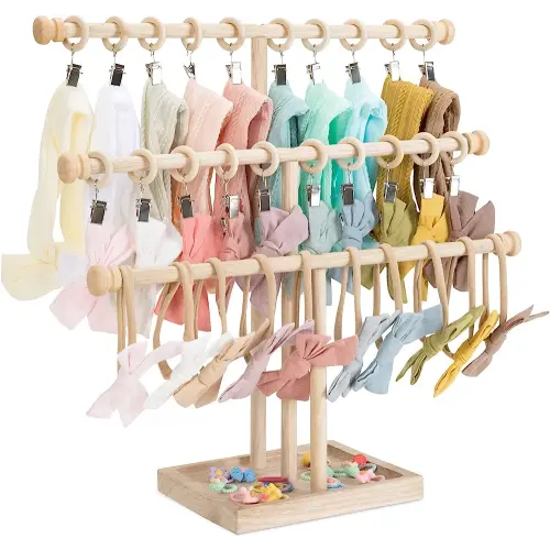 POVETIRE Headband Holder Stand Storage for Baby, 3 Tier Wooden Bow Organizer for Girls Hair Bows, Infant Hair Accessories Rack Display for Nursery Decor