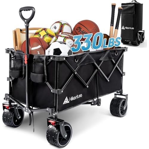 Hikenture Collapsible Wagon Cart, 330lbs Capacity Beach Wagon with Big Wheels for Sand, Heavy Duty Foldable Wagon with Brakes, Portable Utility Folding Garden Cart for Outdoor