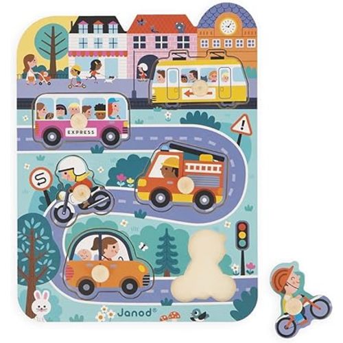 Janod - Babies’ Wooden Puzzle - 6 Pieces with Pegs - City Theme - Recessed Puzzle - Early-Learning Toy - 18 Months + J07106