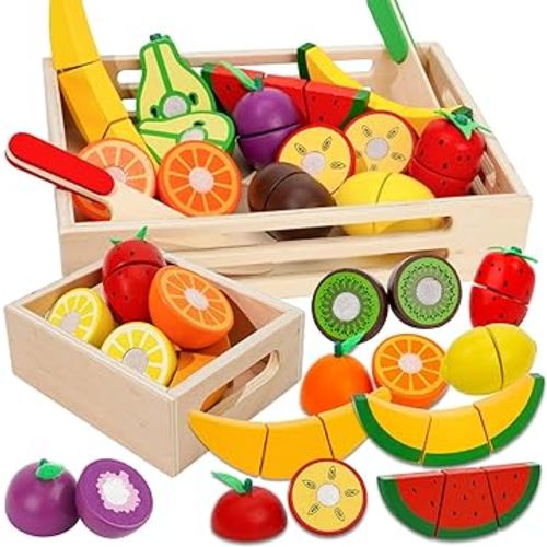 BAODLON Wooden Cutting Fruit Set - Wooden Play Food Toys for Kids Kitchen, Multi-Pretend Play Food Kitchen Accessory with 2 Trays, Play Fake Fruit Toys Birthday Gifts for 3 4 Years Toddler Girl Boy