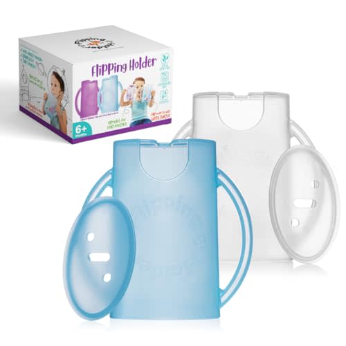 Flipping Holder Squeeze Proof Food Pouch Holder for Toddlers, Babies, Kids, Mess Free No Squeeze Juice Box Drink and Applesauce Snack Holder with Easy Grip Handles and Lid