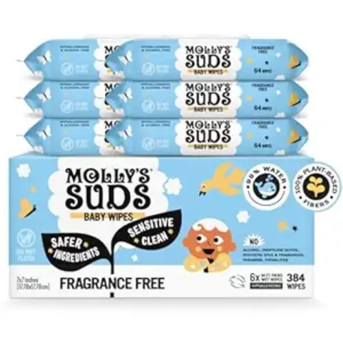 Molly's Suds Sensitive Clean Baby Wipes | 99% Water, Plant-Based, Fragrance Free | 384 Total Wipes (6 Flip-Top Packs)