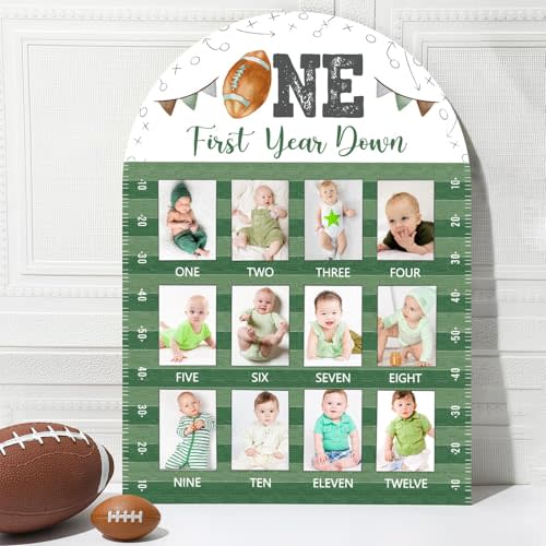 Football First Year Photo Board First Year Down Birthday Party Decorations Wooden Board 12 Monthly Milestone Picture Frame Sport 1st Birthday Banner for Baby Boy Keepsake Gift Supply (Fit 2x2.8in Pic)