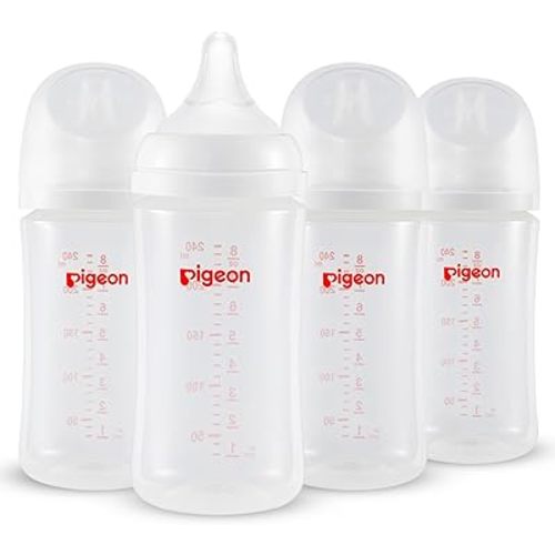 Pigeon PP Nursing Bottle Wide Neck, Anti-Colic, Streamlined Body, Natural Feel, Easy to Clean, 8.1 Oz(Pack of 4), Includes 4pcs M Nipples (3m+)