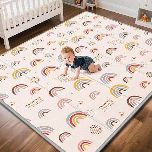 XL Baby Play Mat, 79" X 71" Extra Large Play Mat, Baby Mats for Floor, Waterproof, Anti-Slip Baby Crawling Mat, Soft Foam Mat for Babies and Toddlers, Reversible & Portable Rainbow and Star Pattern