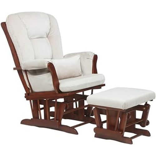 Pemberly Row Solid Wood Glider Chair and Ottoman with Pillow in Espresso