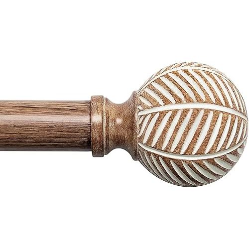 Wood Curtain Rods for Windows: 1 Inch Diameter Adjustable Drapery Rods 48" to 86", Decorative Window Curtain Rods with Imitation Wood Grain Leaf Pattern Finials,Heavy Duty Single Curtain Rods for