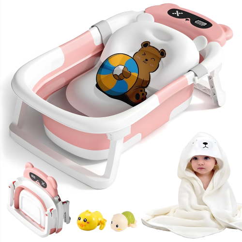 Morfone Collapsible Baby Bathtub for Newborn to Toddler 0-36 months with Thermometer, Hooded Towel, Soft Cushion and Bath Toys, Portable Travel Baby Tub with Drain Hole, Pink