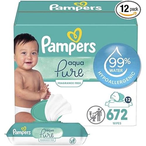 Pampers Baby Wipes Aqua Pure, 99% water-based wipes, Hypoallergenic and Unscented Baby Wipes, 672 Wipes Total (12 Flip-Top Packs)