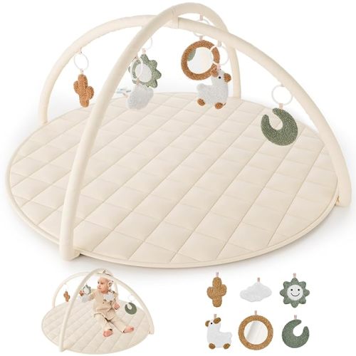 Beautiful Baby Play Gym and Tummy Time Mat - Soft Cotton Mat with 6 Cute Toys Creates The Perfect Activity Area for Your Girl/Boy - Stylish Infant Floor Playmat Fits Nicely with Any Playroom Decor - Beige
