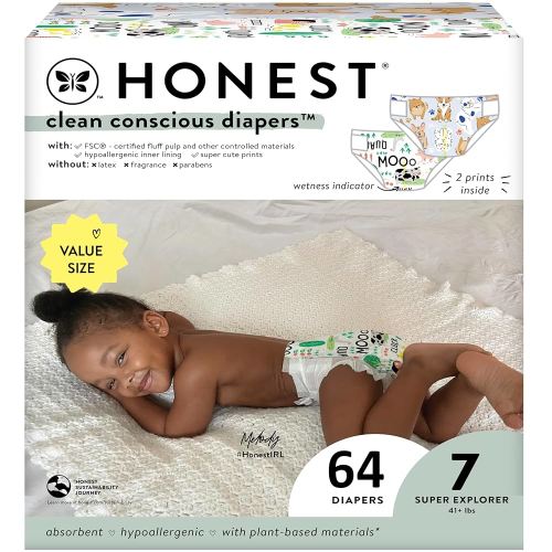 The Honest Company Clean Conscious Diapers for Sensitive Skin | Hypoallergenic, Fragrance Free | Gender Neutral Prints | Super Club Box, Size 7 (41+ lbs), 64 Count (Prints May Temporarily Vary)