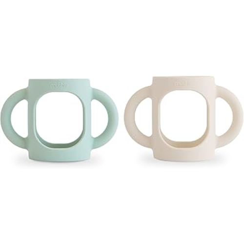 mushie Silicone Baby Bottle Handles 2-Pack | Narrow Bottle Compatible for 3 Months+ (Cambridge Blue/Shifting Sand)