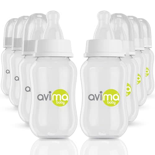 Avima 4 oz Anti Colic Baby Bottle Set - Slow Flow Nipples Included, Standard Neck, BPA Free - Newborn 0-3 Months, Stage 1 Feeding for Gas, Spit Up & Colic (Set of 8)