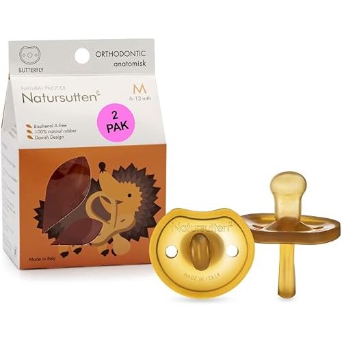 Natursutten Pacifiers 6-12 Months - 2-Pack Butterfly Shield Orthodontic Nipple Natural Rubber Safe & Soft BPA-Free Pacifiers for Breastfeeding Babies - Newborn Pacifiers Made in Italy