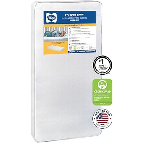 Sealy Perfect Rest Premium Firm Hypoallergenic Baby Crib Mattress & Toddler Bed Mattress, Waterproof Baby Mattress, 150 Coils, Air Quality Certified, Made in USA, 52"x28"