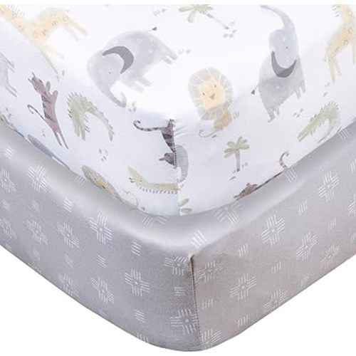Gerber Baby Unisex 2-Pack Knit Crib Sheet, Animals + Geos Neutral, One Size