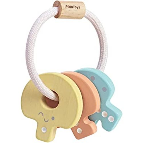 PlanToys Wooden Key Rattle and Teether Toy (5251) | Pastel Color Collection | Sustainably Made from Rubberwood and Non-Toxic Paints and Dyes