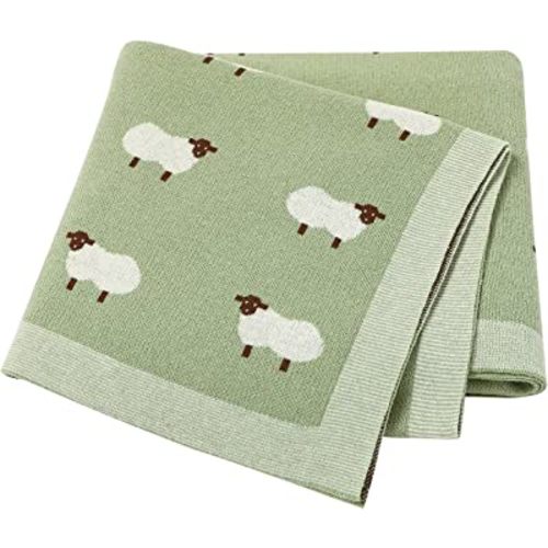 mimixiong Baby Blanket Knit 100% Cotton Toddler Blankets for Boys and Girls with Cute Sheep Size 30 x 40 inches LightGreen