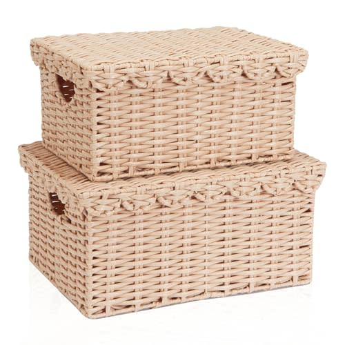 FairyHaus Scalloped Wicker Basket with Lid, Waterproof Wicker Storage Basket with Removable Tray Lid Cream, Handwoven Plactic Wicker Bakests for Nursery 2Pack, 15 x 11.22 x 7& 13 x 9.45 x 5.9