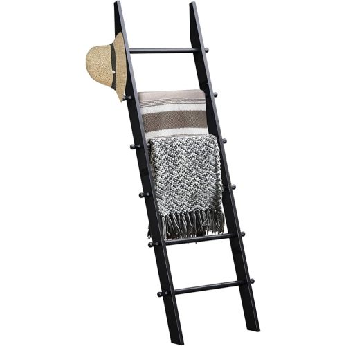 TEAKMAMA 6-Tier Blanket Ladder with Hanging Knobs, 5.5 Ft Wall Leaning Blanket Ladders for Living Room Bedroom,Rustic Decorative Storage for Quilts,Throws,Easy to Assemble,Black