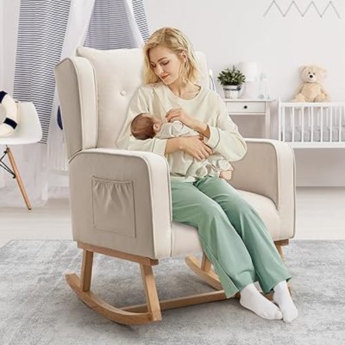 Nursery Rocking Chair, Rocking Chairs with Side Pocket for Nursery, Upholstered High Backrest Rocker for Living Room, Bedroom (Linen, Beige)