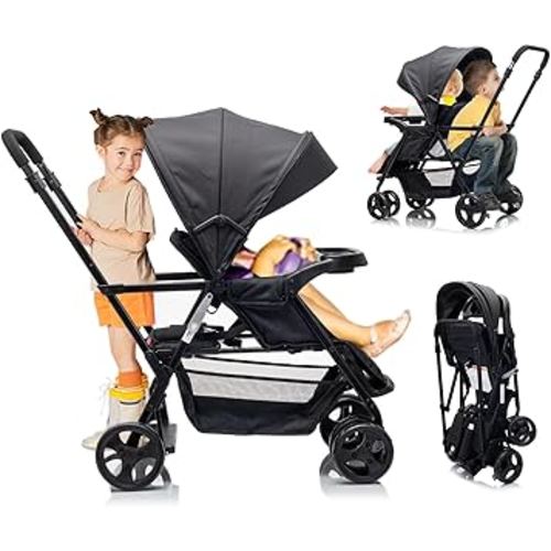Double Stroller,Sit-Stand Lightweight Travel Folding Stroller for Toddler with Standing Platform,5-Point Harness,Canopy,Kids Tray,Storage