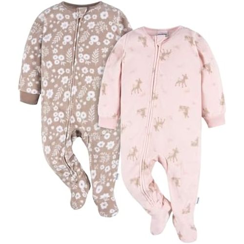 Gerber Baby Girls' Toddler Loose Fit Flame Resistant Fleece Footed Pajamas 2-Pack