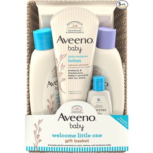 Aveeno Baby Welcome Little One Gift Basket, Baby Skincare Set with Baby Body Wash & Shampoo, Calming Bath Wash, All Over Baby Wipes, & Daily Moisturizing Lotion, 5 Items