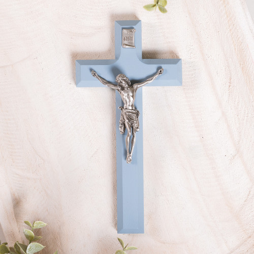 Painted Wood Children's Crucifix - Pink or Blue - 7"