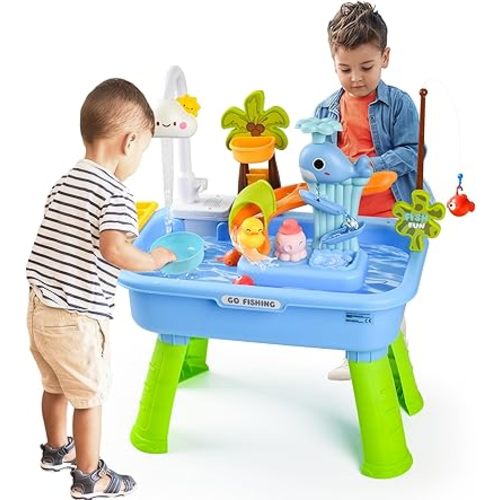 2026 Upgraded Toddler Sand Water Table Toy with Electric Water Pump, Kids Sand Water with Faucet/Play Food Accessories/Fishing Toy, Kitchen Play Sink Toys for Girl Boy Age 3+ (Blue)