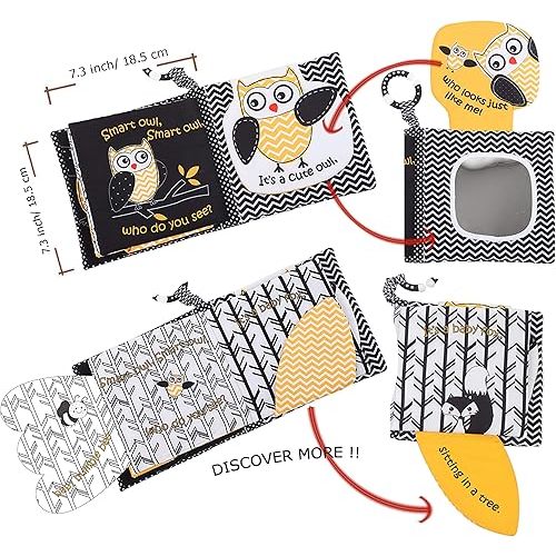 Touch and Feel Cloth Crinkle Books for Babies Infant, Baby Books Toys 0-3-6-12 Months, Christmas Shower Baby Gifts, High Contrast Toys,Teething Teethers, Tummy Time Mirror Toys for Boys and Girls-Owl