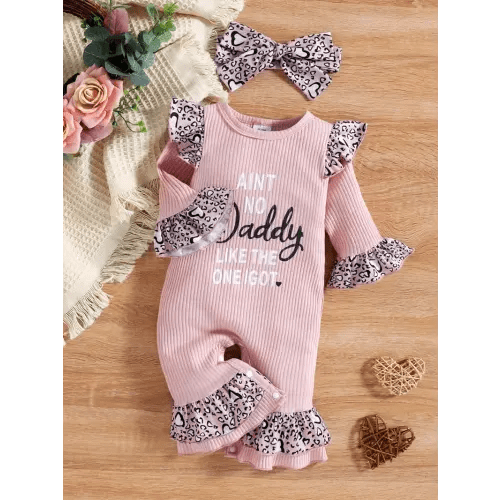 infant baby girls fall jumpsuit letter leopard print o neck - Temu