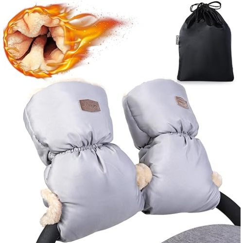 Orzbow Faux Sheepskin Stroller Gloves, Universal Winter Anti-Freeze Mittens for Stroller Handlebars, Waterproof Warm Extra Thick HandMuff for Cold Weather, Winter Stroller Accessories, Light Grey