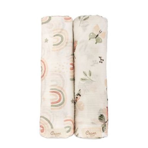 Crane Baby Muslin Swaddle Blanket - Parker Rainbow Butterfly - 2pk