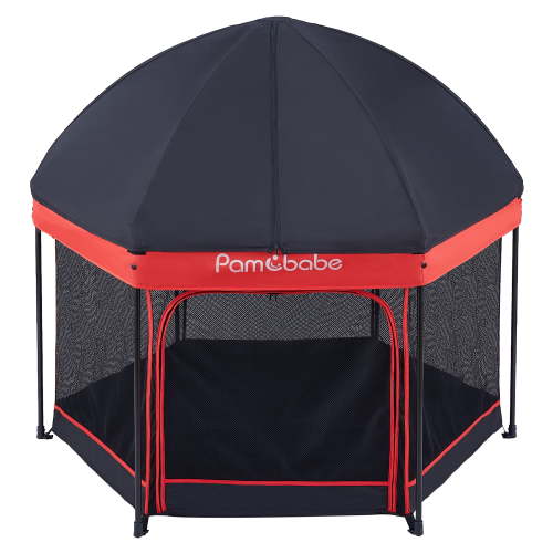 Pamo Babe Unisex Premium Indoor and Outdoor Baby Playpen - Portable, Lightweight, Toddler Play Yard w/Canopy and Travel Bag - Black&Red