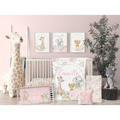 Safari Crib Bedding for Baby Girl Nursery, Girl Jungle Baby Bedding, Elephant, Giraffe, Lion, Floral Nursery Set, Pink Nursery Decor, Pillow