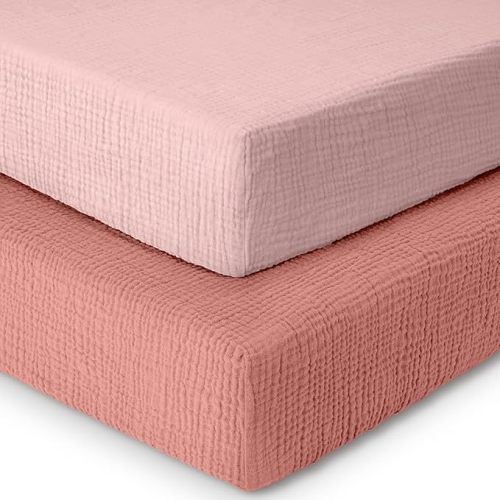 Dreamology Pack and Play Sheets,Mini Muslin Crib Sheet,2 Pack,100% Cotton Crib Sheets,Soft,Breathable,Baby Crib Sheets,Girls,Boys,Pack n Play Sheets Fitted,24x38 Mini Crib Sheet | Rose