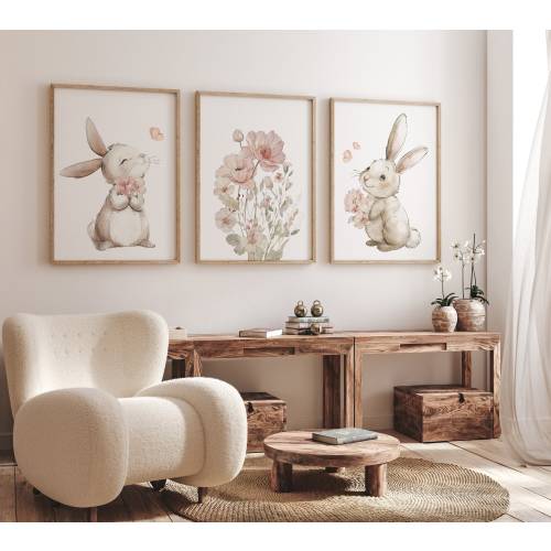 Nursery wall art girl bunnies, bunny nursery print, Bunny Floral Watercolor Prints, bunny nursery decor, Wildflower Nursery, bunny nursery