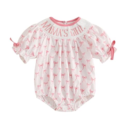 Ursobutegl Newborn Baby Girl Romper Mamas Mini Bow Plaid Print Puff Sleeve Smocked Bubble Romper Jumpsuit Bodysuit Clothes