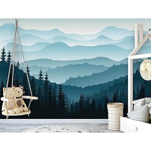 Removable Peel 'n Stick Wallpaper, Self-Adhesive Wall Mural, 3D Mountain Mural Wallpaper, Nursery • Ombre Blue Mountain Pine Forest Trees (24" W x 120" H Inches)