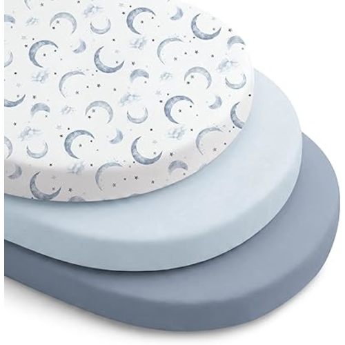Konssy 3 Pack Stretchy Bassinet Sheets for Baby Girl Boy, Soft Breathable Baby Bassinet Mattress Sheets Fit for Hourglass Oval Cradle, Moses Basket Rectangle Mattress (Blue Moon)