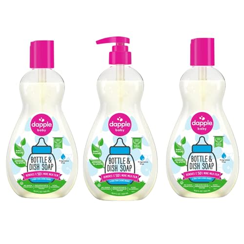Dapple Baby Fragrance Free Bottle & Dish Soap - (3 Pack) 16.9 fl oz - Cleans Baby Bottles, Sippy Cups, Pacifiers, Breast Pumps, & More - Gently Removes Milk Film & Odors - Includes 1 Pump