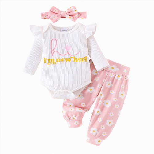 CAICJ98 Newborn Baby Girl Clothes Long Sleeve Rib Knit Romper Daisy Print Pants Infant Girl Outfit with Headband 0-6 Months
