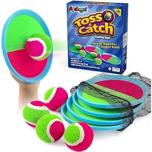 Ayeboovi Toss and Catch Ball Set Beach Toys Outdoor Games Outdoor Toys Yard Games Boys Toys Gifts for Kids Ball and Catch Game with 4 Paddles and 4 Balls [Upgraded Version]
