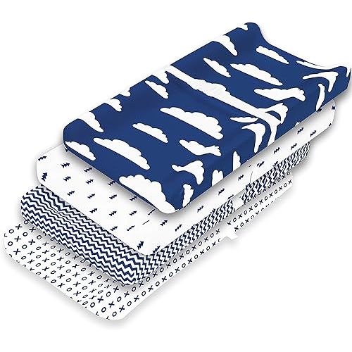 Changing Pad Cover – Premium Baby Changing Pad Covers 4 Pack – Boy or Girl Changing Pad Cover – Pure Cotton Machine Washable Navy and White Changing Table Cover – Diaper Changing Pad Cover Sheets