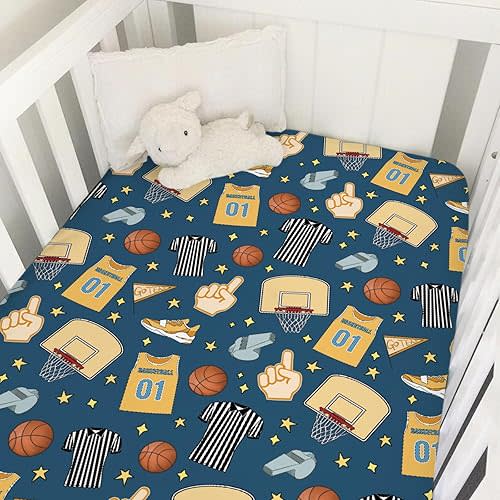 Funny Basketball Baby Crib Sheet 52''x28'' Basketball Sports Snug Fitted Crib Mattress Cover for Boy Girl Basketball Balls Hoop Uniform Soft Nursery Baby Sheets for Standard Crib Toddler Mattress