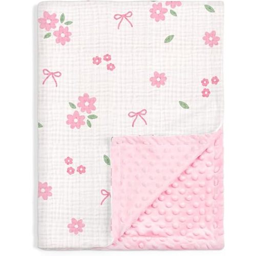 SANDJEST Pink Floral Minky Muslin & Dotted Blanket 30x40 in Gift for Holiday, Gender Reveal Party, Hospital Visit, Baptism