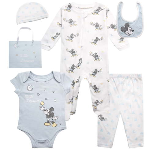 Disney Newborn Baby Layette Set - 6 Piece Disney Bodysuit Coveralls Sweatpants, Hat, Gift Bag (0-6M)