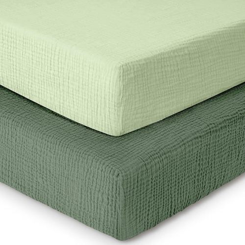 Dreamology Mini Crib Sheets,100% Muslin Cotton Crib Sheets,Pack n Play Sheets,Muslin Cotton Crib Sheet Fitted for Girls and Boys, Pack and Play Sheets, 24x38 Mini Crib Sheet | Green and Light Green