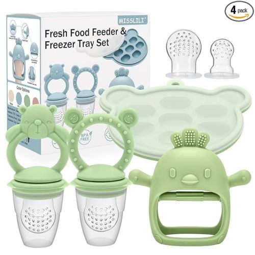 4 Pack Silicone Teething Mitten for Babies with Baby Fruit Food Feeder & Freezer Tray Set, BPA Free Infant Teething Relief Toy for 3 Month+, Additional Silicone Sacs